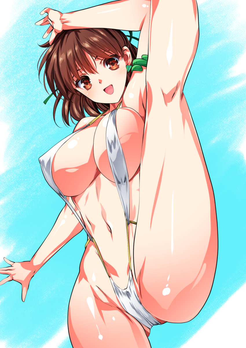 1girl anice_farm arm_up breasts brown_eyes brown_hair chouon_senshi_borgman covered_erect_nipples high_kick highres kicking large_breasts looking_at_viewer open_mouth short_hair slingshot_swimsuit smash_daisaku smile solo swimsuit white_slingshot_swimsuit