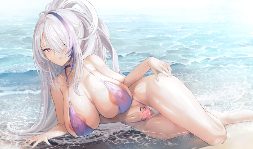 1girl areola_slip azur_lane bare_arms bare_legs beach bikini breasts closed_mouth covered_erect_nipples eyes_visible_through_hair hair_over_one_eye heart heart-shaped_pupils highleg highleg_bikini highres large_breasts long_hair lying multicolored_hair navel ocean official_alternate_costume on_side paid_reward_available pubic_tattoo purple_bikini purple_eyes purple_hair solo streaked_hair swimsuit symbol-shaped_pupils tattoo unzen_(azur_lane) unzen_(sojourn_through_clear_seas)_(azur_lane) variant_set white_hair yusha_m