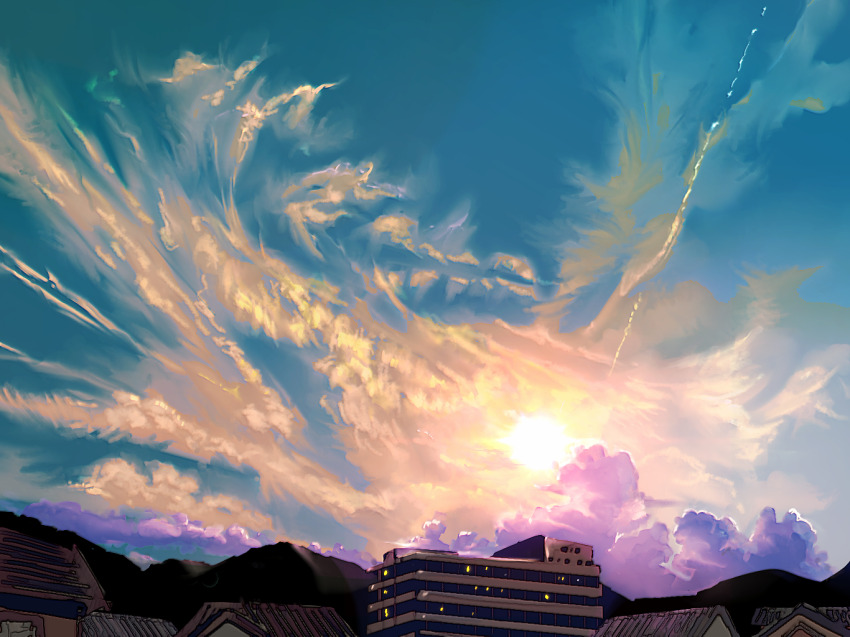 blue_sky building cloud cloudy_sky frying-ammonite ibispaint_(medium) mountain no_humans original outdoors scenery sky sun sunset urban