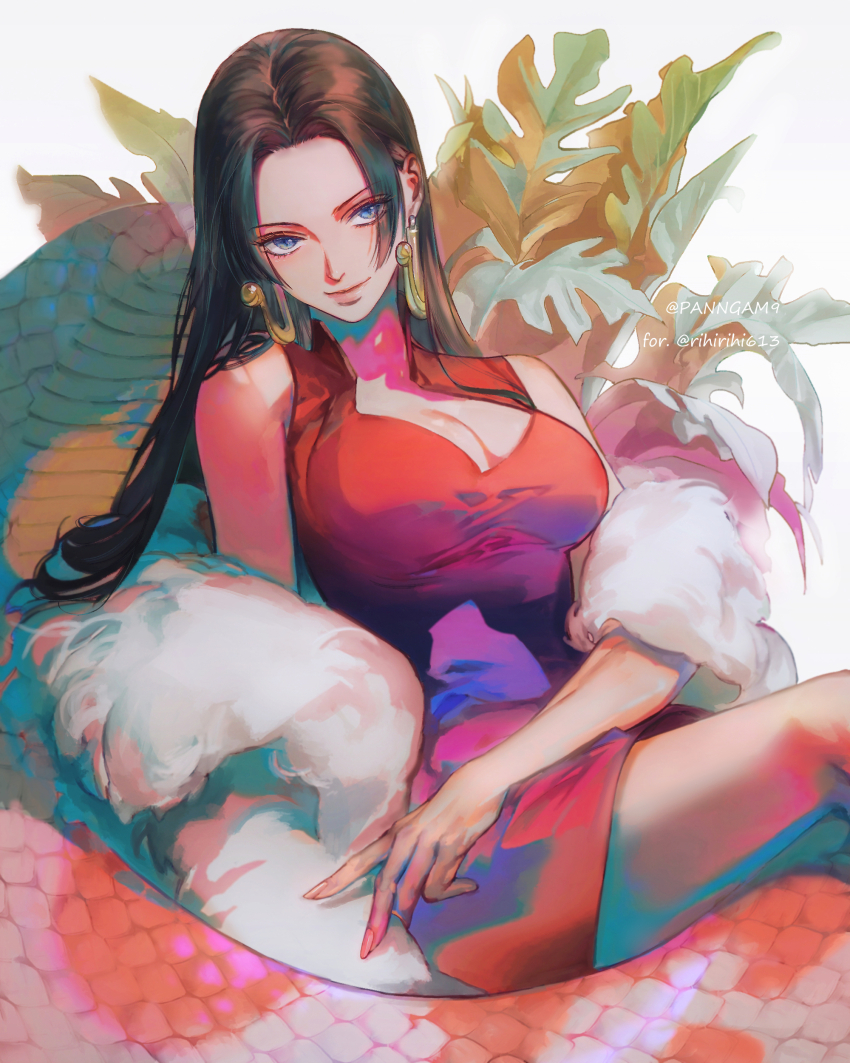 1girl absurdres artist_name black_hair blue_eyes boa_hancock breasts cleavage coat commentary dress earrings english_commentary english_text eyes_visible_through_hair fur_coat highres jewelry large_breasts long_hair looking_at_viewer one_piece panngam9 plant red_dress sitting smile snake snake_earrings solo twitter_username white_background white_coat