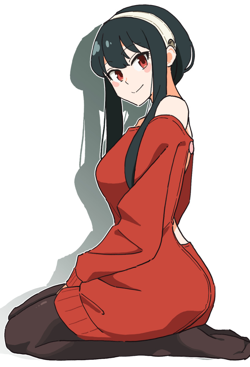 1girl black_hair black_pantyhose dress hairband highres noyama_takenoko pantyhose red_eyes red_skirt red_sweater seiza shadow sidelocks simple_background sitting skirt smile solo spy_x_family sweater sweater_dress white_background white_hairband yor_briar