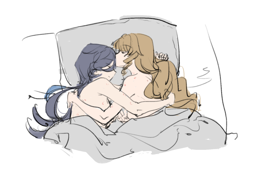 2girls aaaboutle blonde_hair clorinde_(genshin_impact) closed_eyes closed_mouth commentary cuddling genshin_impact hickey hug kiss kissing_forehead long_hair lying multiple_girls navia_(genshin_impact) nude on_back pillow purple_hair symbol-only_commentary under_covers yuri