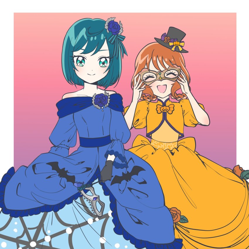 2girls back_bow black_gloves black_hat blue_dress blue_hair bob_cut bow braid brown_hair closed_eyes delicious_party_precure dress facing_viewer fuwa_kokone gloves green_eyes hair_ribbon halloween hanamichi_ran hat highres holding holding_mask layered_dress long_dress long_sleeves looking_at_viewer mask masquerade_mask mini_hat mini_top_hat multiple_girls off-shoulder_dress off_shoulder orange_bow orange_dress precure puffy_short_sleeves puffy_sleeves ribbon short_sleeves standing tilted_headwear top_hat twin_braids ulsrnj1