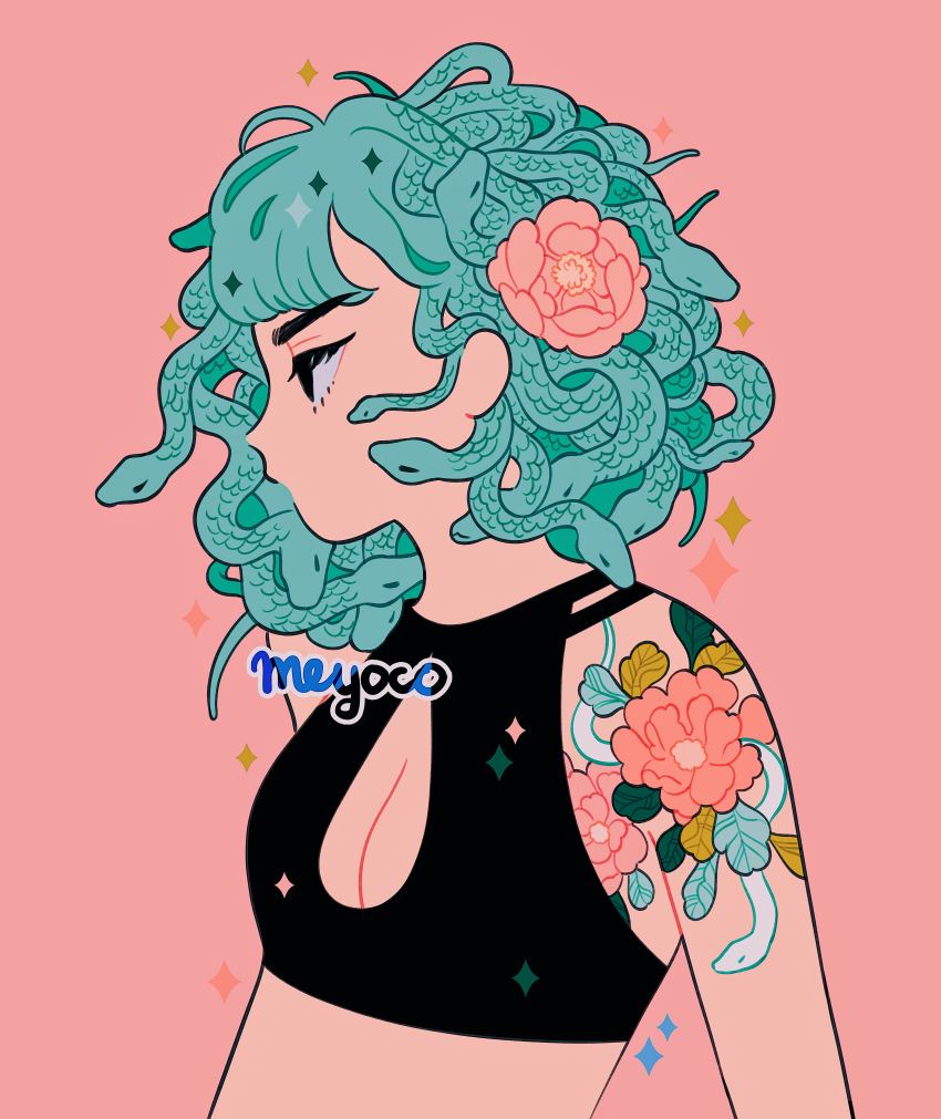 1girl absurdres aqua_hair artist_name black_eyes breasts cleavage flower hair_flower hair_ornament highres living_hair medium_hair meyoco monster_girl original pink_background pink_flower profile simple_background snake snake_hair solo sparkle tattoo upper_body