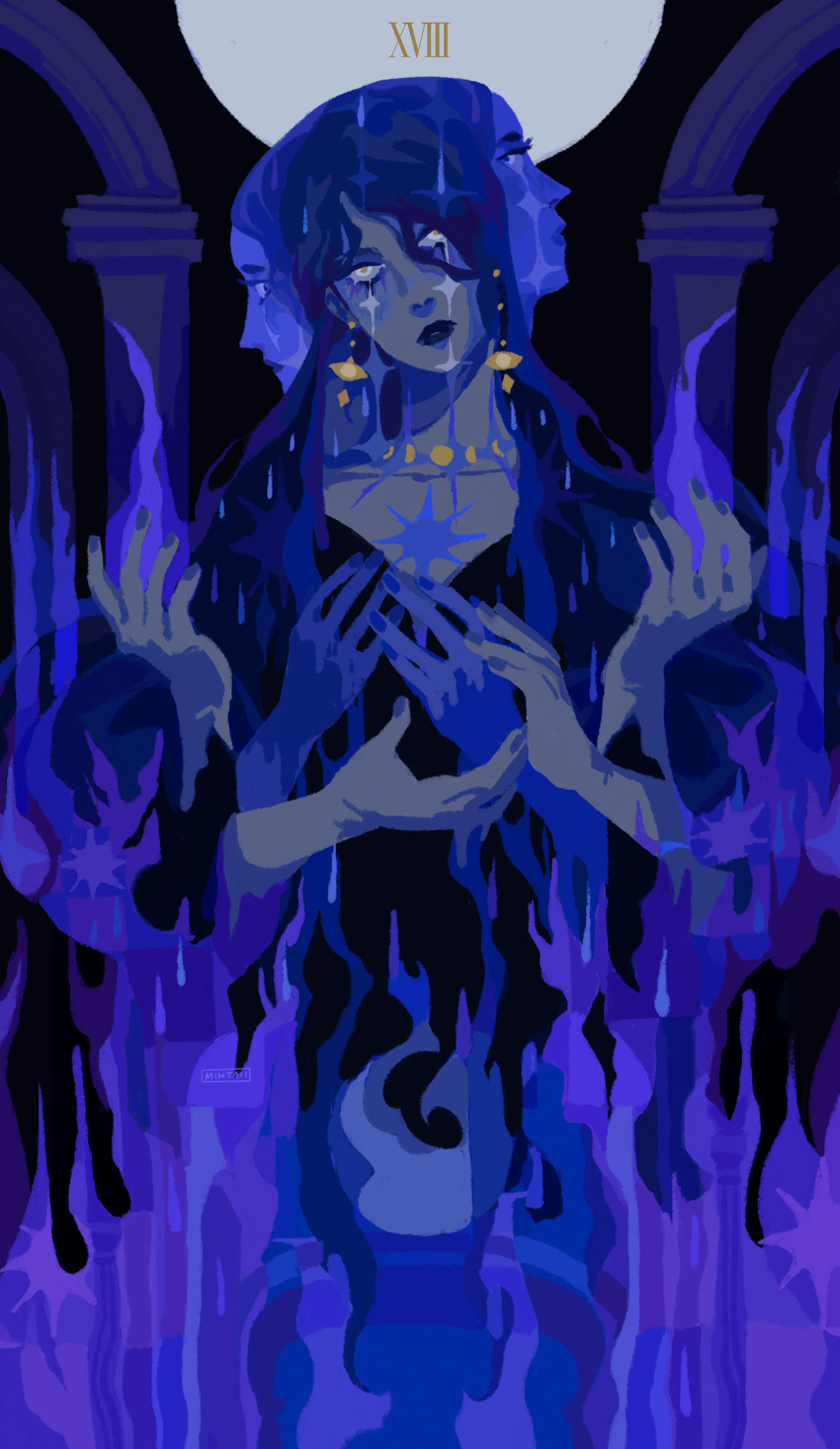 1girl black_background black_lips blue_eyes blue_fire blue_hair blue_nails blue_pupils blue_skin blue_theme card_(medium) chest_markings colored_skin earrings facial_mark fire full_moon gold_earrings grey_skin highres jewelry long_hair looking_at_viewer moon moon_phases multiple_faces multiple_hands necklace original pillar roman_numeral sparkle_facial_mark spearmintaii tarot tarot_(medium) the_moon_(tarot) water_drop white_eyes yellow_pupils