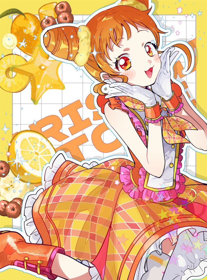 1girl :3 :d aikatsu! aikatsu!_(series) arisugawa_otome asako_(itiba) bare_arms boots border character_name checkered_background double_bun dress facing_ahead food frilled_dress frills fruit gloves hair_bun hair_ornament hair_scrunchie hands_up happy highres idol lemon looking_at_viewer medium_dress medium_hair neckerchief non-web_source open_mouth orange_dress orange_eyes orange_footwear orange_hair orange_neckerchief outline pineapple plaid_clothes plaid_dress scrunchie sidelocks sleeveless sleeveless_dress smile solo sparkle standing standing_on_one_leg starfruit thighhighs white_background white_gloves white_outline white_thighhighs wrist_cuffs yellow_border yellow_scrunchie zettai_ryouiki