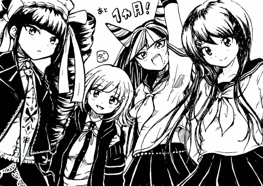 4girls :d alternate_hair_ornament arm_up belly_chain blunt_bangs celestia_ludenberg center_frills cowboy_shot dan_(danbaldiav3) danganronpa:_trigger_happy_havoc danganronpa_(series) danganronpa_2:_goodbye_despair dress_shirt drill_hair frills hair_horns hair_ornament hairclip jacket jewelry long_sleeves maizono_sayaka mioda_ibuki multiple_girls nanami_chiaki neck_ribbon neckerchief necktie open_mouth pleated_skirt print_necktie ribbon sailor_collar shirt skirt smile teeth translation_request twin_drills upper_teeth_only white_background