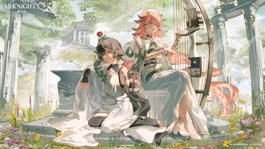 architecture arknights arm_wrap bare_shoulders black_hair bridal_legwear brown_eyes chalice closed_mouth commentary copyright_name cup detached_collar dress english_commentary erato_(arknights) flower full_body greco-roman_architecture green_eyes hair_flower hair_ornament harp high_heels highres instrument kei_(keiuu) long_hair medium_hair music no_shoes official_art outdoors pallas_(arknights) parted_lips pink_hair playing_instrument rose second-party_source sitting sleeveless sleeveless_dress toes white_dress white_footwear yokozuwari