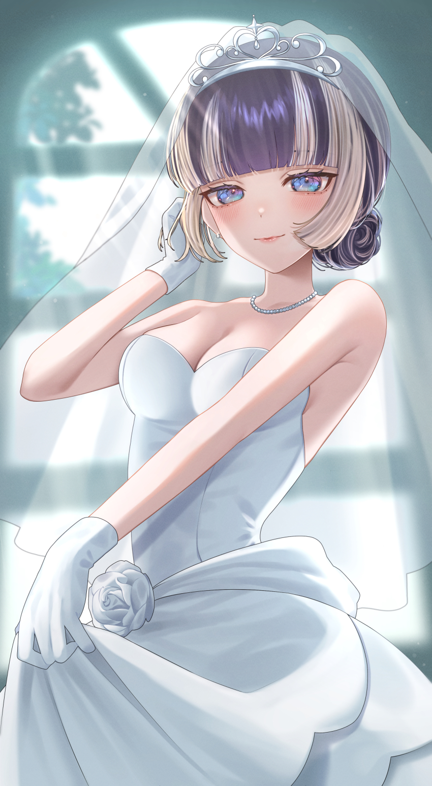 1girl absurdres alternate_costume alternate_hairstyle bare_shoulders black_hair blonde_hair blue_eyes blunt_bangs blush breasts bridal_veil cleavage closed_mouth commentary cowboy_shot dress flower gloves hair_bun highres hololive hololive_dev_is jewelry juufuutei_raden light_smile looking_at_viewer medium_breasts mui_maru multicolored_hair necklace pearl_necklace rose short_hair skirt_hold smile solo standing strapless strapless_dress two-tone_hair veil virtual_youtuber wedding_dress white_dress white_flower white_gloves white_rose window