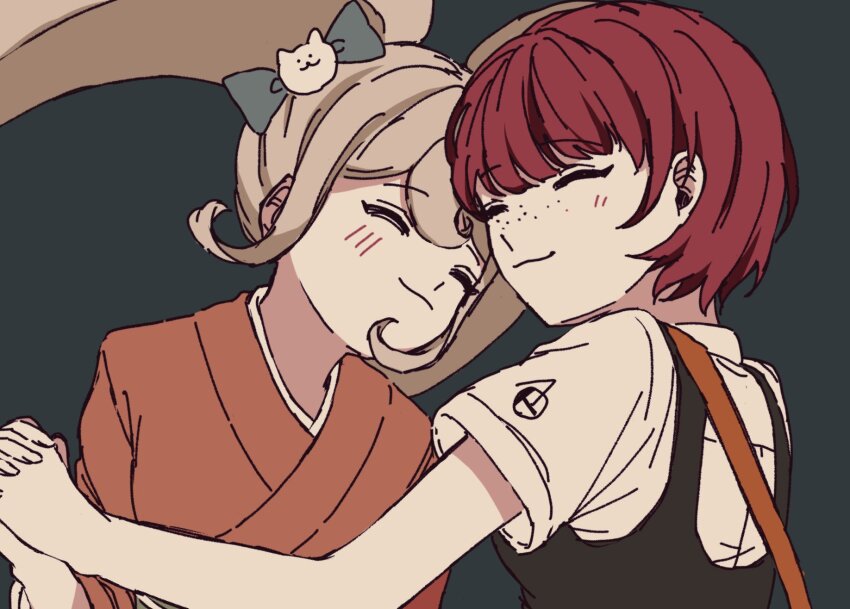 2girls ^_^ bag black_vest blonde_hair blue_bow bob_cut bow cat_hair_ornament closed_eyes closed_mouth collared_shirt commentary_request danganronpa_(series) danganronpa_2:_goodbye_despair duo_xin eyelashes freckles green_sash grey_background hair_bow hair_ornament happy heads_together highres holding_hands interlocked_fingers japanese_clothes kimono koizumi_mahiru light_blush long_hair long_sleeves multiple_girls obi orange_kimono red_hair saionji_hiyoko sash shirt short_hair short_sleeves shoulder_bag simple_background smile twintails upper_body vest white_shirt yukata yuri