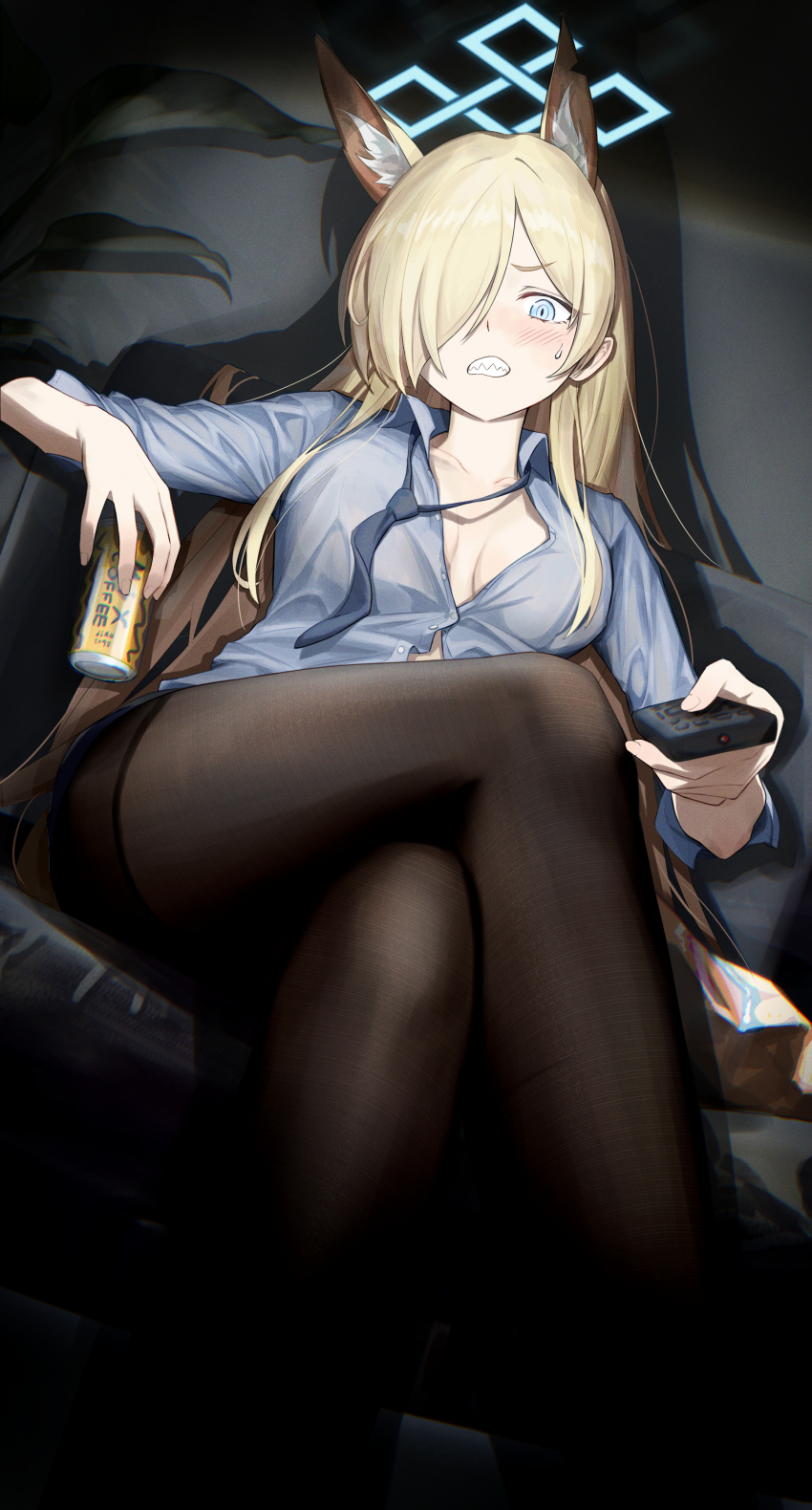 1girl absurdres animal_ears black_pantyhose blonde_hair blue_archive blue_eyes blush breasts can clenched_teeth controller crossed_legs dixo_(user_srff3835) dog_ears hair_over_one_eye halo highres holding holding_can holding_remote_control kanna_(blue_archive) long_hair looking_at_viewer necktie pantyhose remote_control ringed_eyes sharp_teeth sitting solo sweatdrop teeth