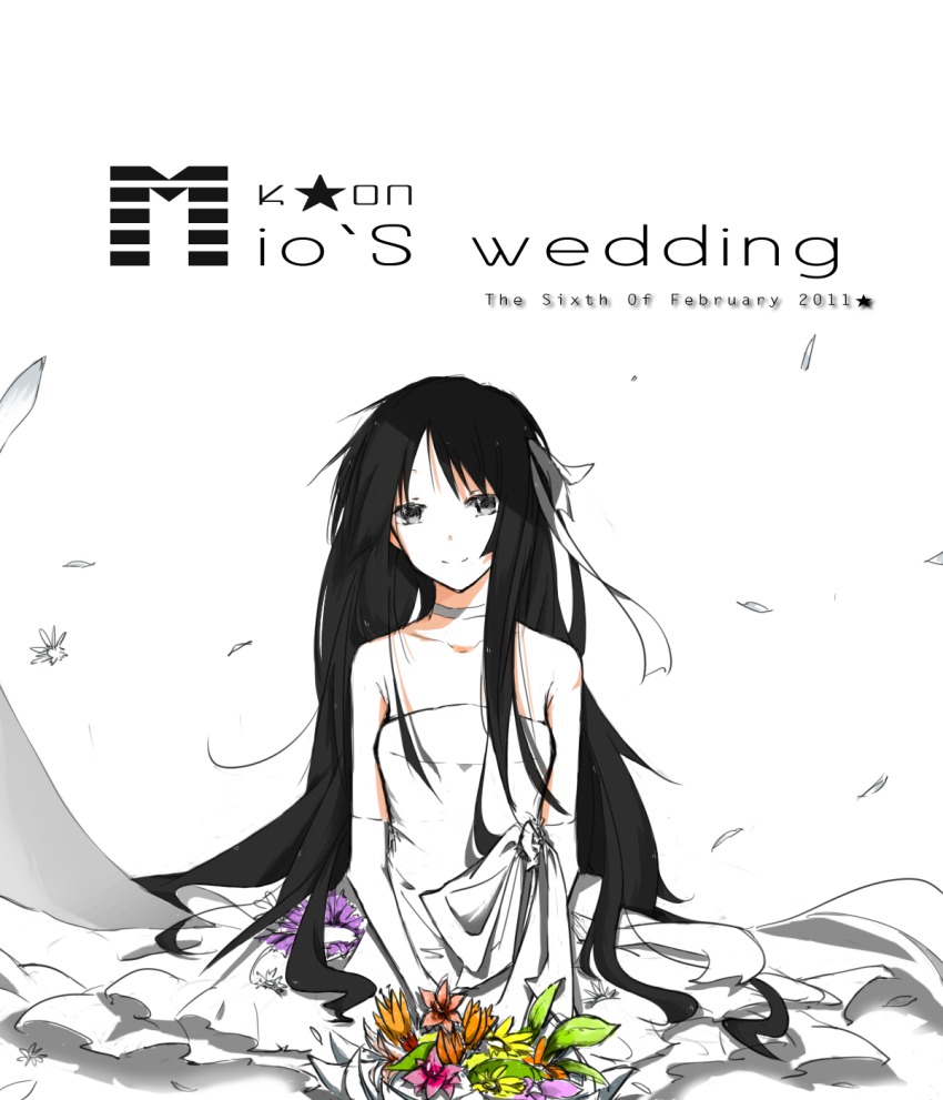 1girl akiyama_mio bad_id bad_pixiv_id bride dress female_focus flower highres k-on! key_(artist) key_(keyy9) long_hair smile solo wedding_dress