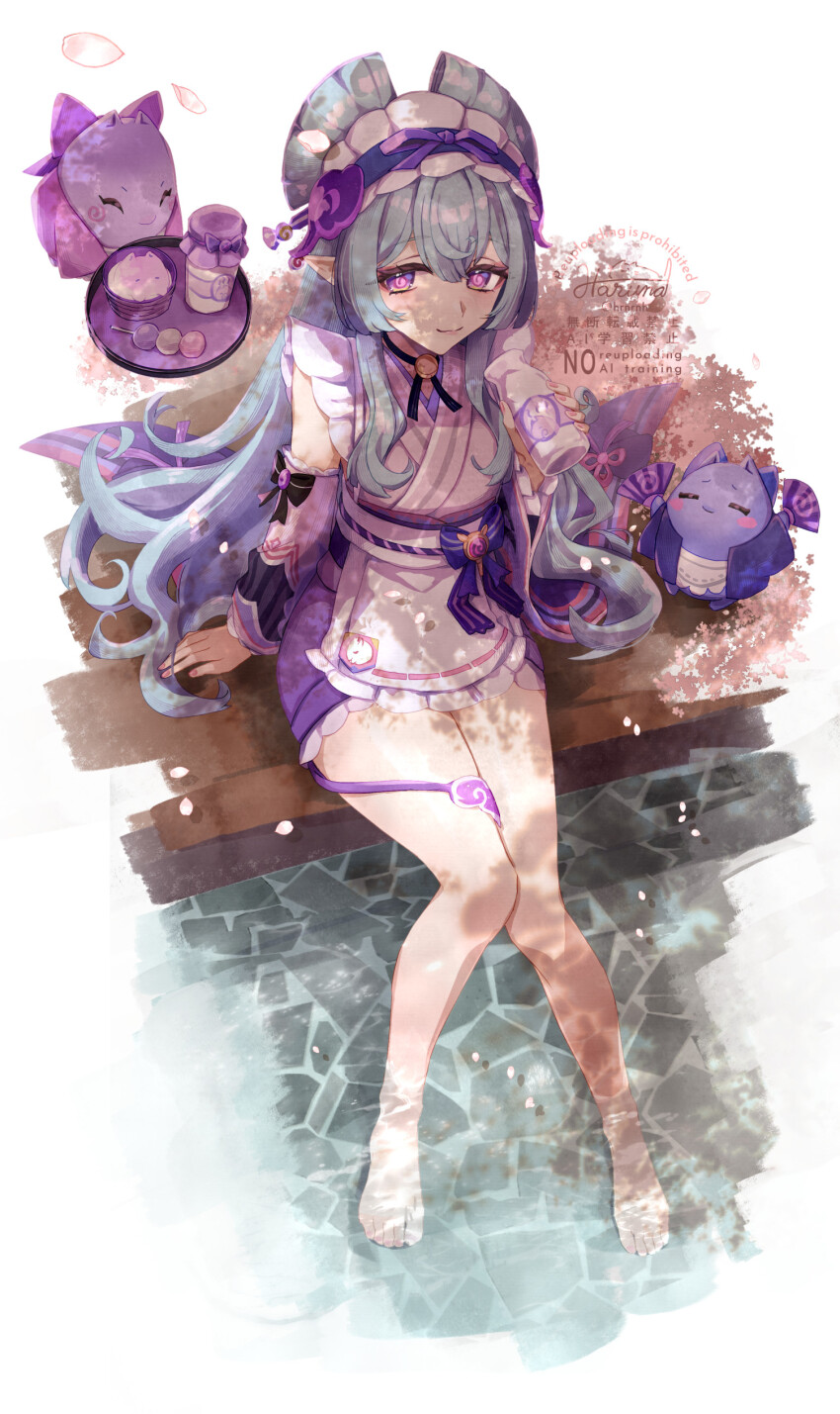 1girl absurdres black_bow blue_hair bottle bow closed_mouth commentary_request dango dango_milk_(genshin_impact) detached_sleeves fingernails food gem genshin_impact hair_between_eyes hand_up haruna_(hrnrnh) highres holding holding_bottle japanese_clothes long_hair purple_eyes purple_gemstone purple_sleeves sanshoku_dango sash sitting smile solo very_long_hair vision_(genshin_impact) wagashi white_sash yumemizuki_mizuki