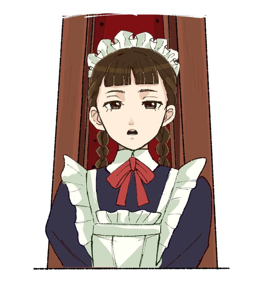 1girl ace_attorney apron braid brown_eyes brown_hair cropped_torso highres looking_at_viewer maid maid_apron maid_headdress maid_juror_(ace_attorney) medium_hair open_mouth rat_nkmi red_ribbon ribbon solo teeth the_great_ace_attorney the_great_ace_attorney:_adventures twin_braids