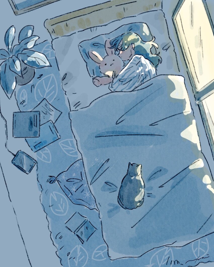 1girl black_cat black_fur cat cellphone charging_device closed_eyes closed_mouth commentary cuddling highres indoors long_hair on_bed original painting_(medium) pajamas phone plant sleeping smartphone solo striped_clothes striped_pajamas stuffed_animal stuffed_rabbit stuffed_toy traditional_media watercolor_(medium) window yayoi_seki