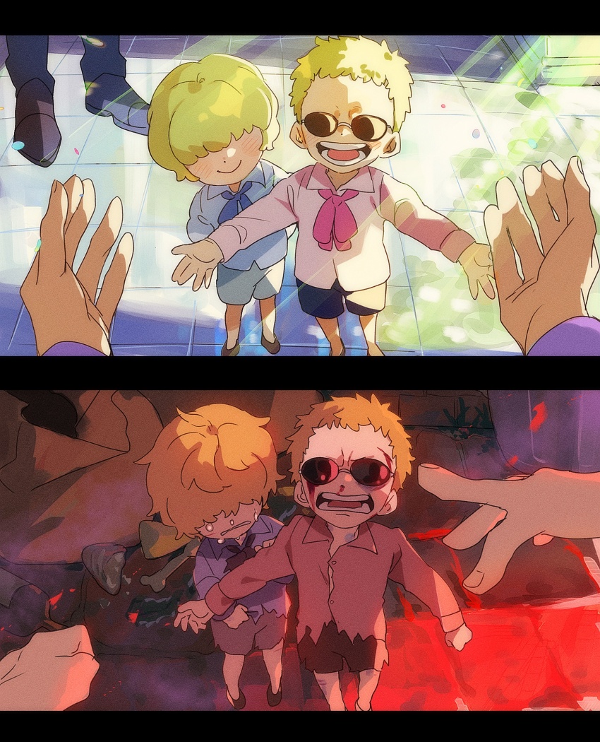 2boys aged_down blonde_hair blood blood_on_face blue_shirt blush bone brothers disembodied_hand donquixote_doflamingo donquixote_rocinante happy highres light_rays multiple_boys one_piece open_mouth outstretched_arms pink_shirt pov scared shirt short_hair siblings smile sunglasses teeth tongue torn_clothes ususmomo