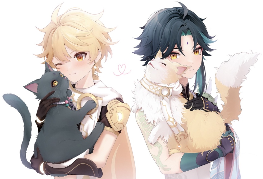 2boys 2others aether_(genshin_impact) animalization arm_tattoo bead_necklace beads black_fur black_hair blonde_hair blush braid brown_gloves brown_shirt cat closed_mouth earrings facial_mark genshin_impact gloves green_gloves green_hair hair_between_eyes jewelry long_hair male_focus multicolored_hair multiple_boys multiple_others necklace nm_(u_ci2) one_eye_closed person_and_animalization scarf shirt smile tattoo white_scarf xiao_(genshin_impact) yellow_eyes yellow_fur