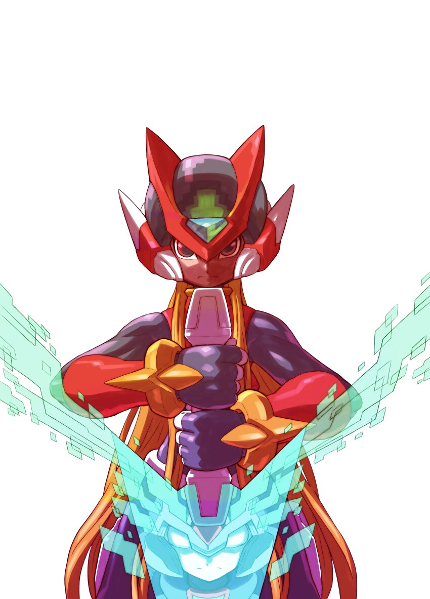 1boy absurdres armor black_eyes blonde_hair cowboy_shot cyber_elf_x_(mega_man) energy_sword forehead_jewel helmet hi-go! highres holding holding_sword holding_weapon long_hair looking_at_viewer male_focus mega_man_(series) mega_man_zero_(series) red_armor red_helmet simple_background solo sword weapon white_background x_(mega_man) z_saber