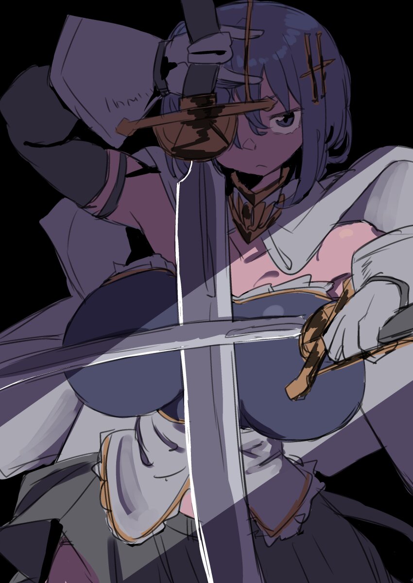 1girl akan_mori bare_shoulders black_background breasts cape devil_horns_(gesture) female_focus holding holding_sword holding_weapon large_breasts long_hair matching_hair/eyes medium_hair serious skirt solo standing sword weapon white_cape