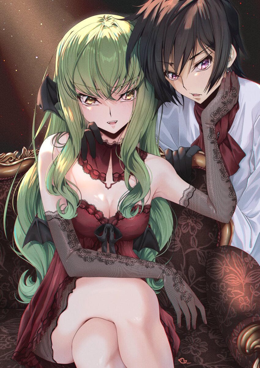 1boy 1girl absurdres animal_ears bare_shoulders bat_ears black_gloves black_hair breasts budgiepon c.c. cleavage code_geass crossed_legs detached_collar dress elbow_gloves fangs gloves green_hair halloween_costume highres lelouch_vi_britannia long_hair looking_at_viewer purple_eyes red_nails smile yellow_eyes