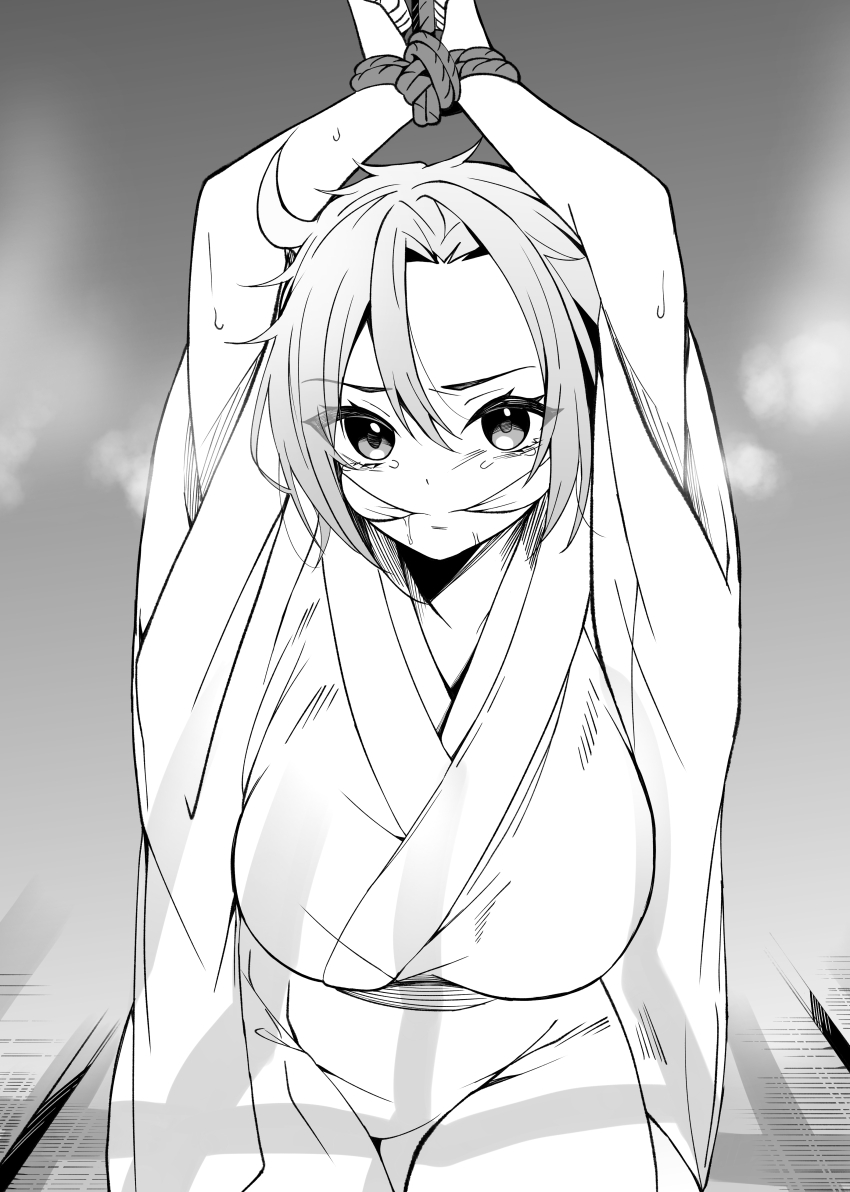 1girl absurdres bound bound_wrists breasts cleave_gag cloth_gag gag gagged greyscale highres himemushi_momoyo improvised_gag japanese_clothes kimono large_breasts meimei_(meimei89008309) monochrome solo steam tears touhou wide_sleeves