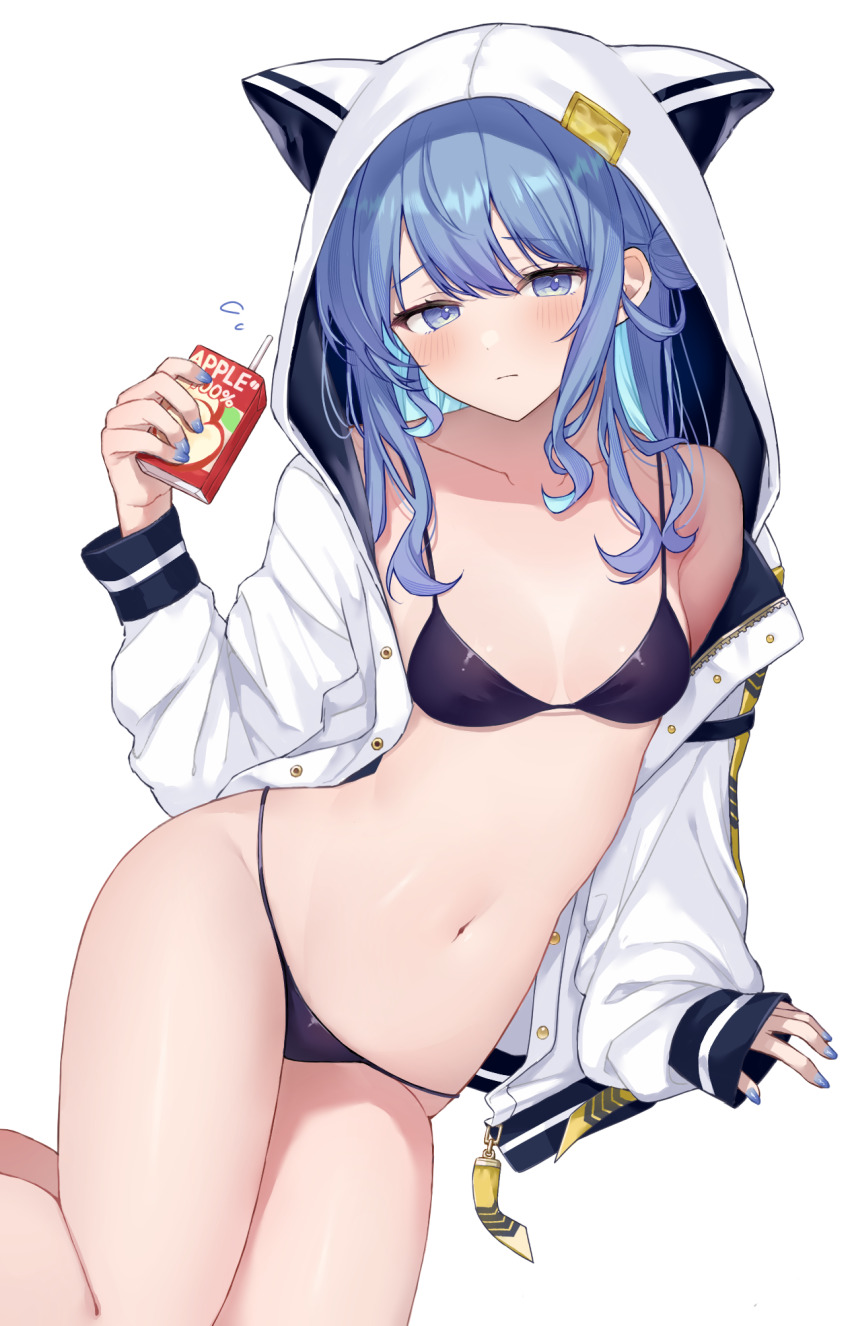 1girl adapted_costume animal_ear_hood arm_support bikini black_bikini blue_eyes blue_hair blue_nails blush box breasts closed_mouth collarbone commentary fake_animal_ears fingernails flying_sweatdrops hair_between_eyes highres holding holding_box hololive hood hood_up hooded_jacket hoshimachi_suisei hoshimachi_suisei_(school_uniform) jacket juice_box kohaku_(csacu) long_hair long_sleeves looking_at_viewer nail_polish open_clothes open_jacket simple_background sitting small_breasts solo swimsuit symbol-only_commentary virtual_youtuber white_background white_jacket yokozuwari