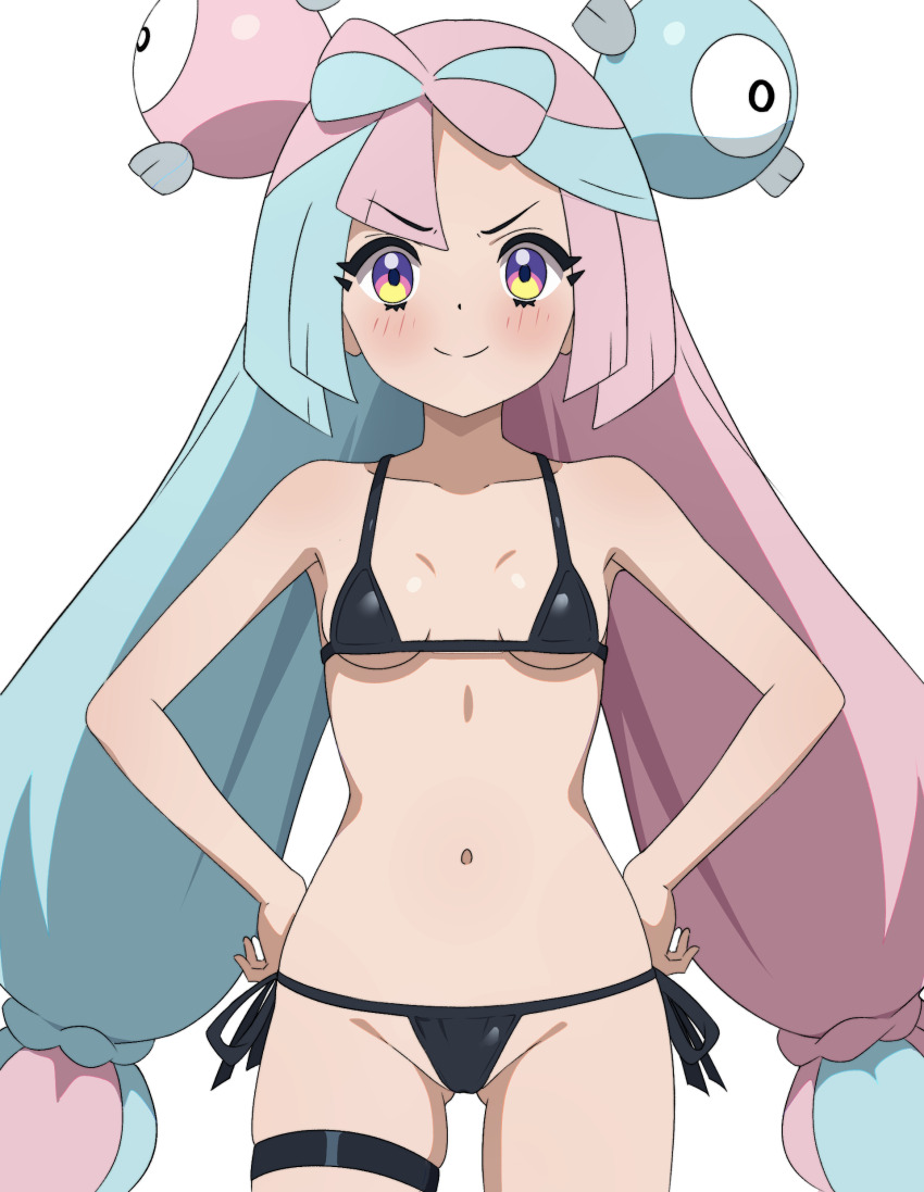 1girl absurdres alternate_costume aqua_hair bare_arms bikini black_bikini blush bow-shaped_hair breasts character_hair_ornament closed_mouth collarbone commentary creatures_(company) game_freak hair_ornament hands_on_own_hips highres iono_(pokemon) long_hair looking_at_viewer mnkr98 multicolored_hair navel nintendo pink_hair pokemon pokemon_sv side-tie_bikini_bottom simple_background smile solo split_mouth swimsuit thigh_strap twintails two-tone_hair white_background