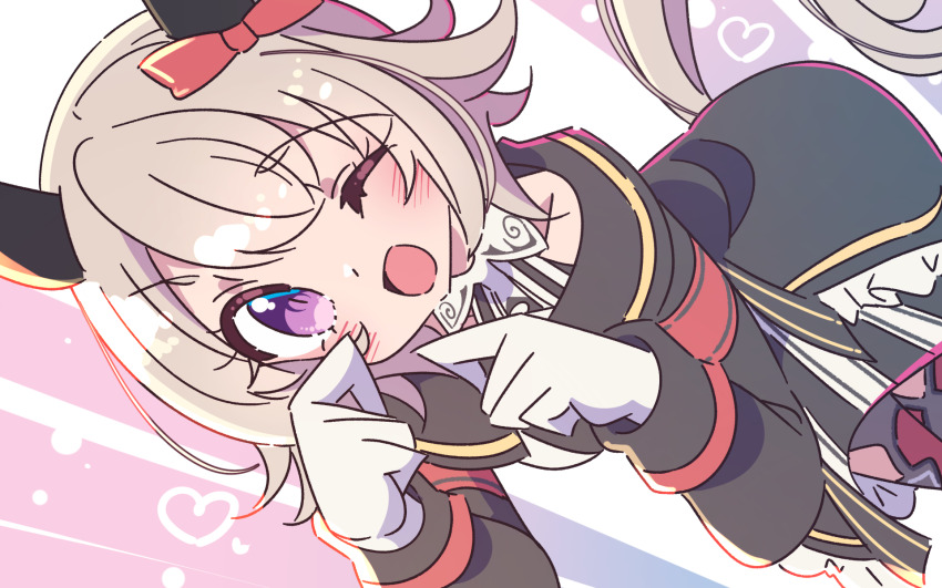 1girl ;d animal_ears bow coat curren_chan_(umamusume) dress ear_bow ear_covers gloves grey_hair highres honkawa_works horse_ears horse_girl horse_tail long_sleeves looking_at_viewer off-shoulder_coat off_shoulder one_eye_closed open_mouth purple_eyes red_bow short_hair smile solo striped_clothes striped_dress tail umamusume vertical-striped_clothes vertical-striped_dress white_gloves