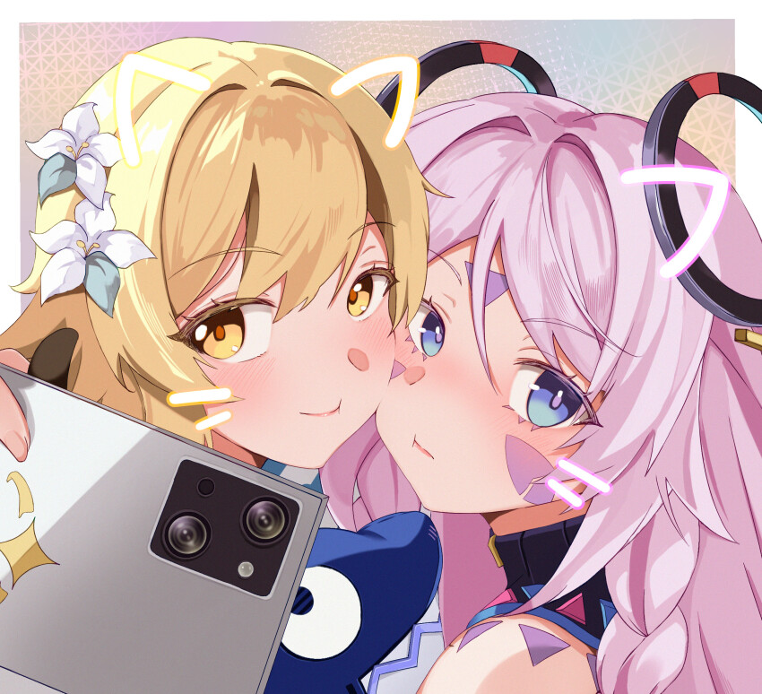 2girls :t animal_ears bare_shoulders blonde_hair blue_eyes blush braid cat_ears cellphone cheek-to-cheek citlali_(genshin_impact) closed_mouth commentary_request face_filter facial_mark fake_animal_ears fake_whiskers flower genshin_impact hair_flower hair_ornament heads_together highres holding holding_phone long_hair looking_at_viewer lumine_(genshin_impact) multiple_girls phone pink_hair selfie smartphone smile stuffed_toy sylux taking_picture twin_braids upper_body white_flower yellow_eyes