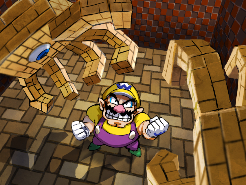 1boy boss_fight cabbie_hat clenched_hands clenched_teeth eyeball eyerok facial_hair from_above gloves green_footwear hat highres looking_up male_focus mario_(series) mustache nintendo overalls pointy_ears purple_overalls shirt short_sleeves super_mario_64_ds teeth thick_eyebrows wario white_gloves ya_mari_6363 yellow_hat yellow_shirt