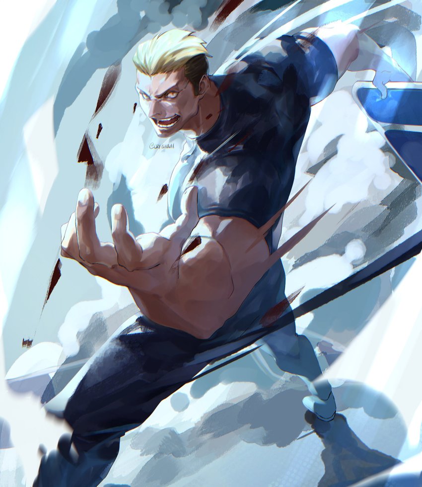 1boy black_hair black_shirt blonde_hair cry_sinkai fatal_fury gloves highres holding holding_weapon looking_at_viewer male_focus multicolored_hair muscular open_mouth pants red_eyes shirt short_hair smile solo the_king_of_fighters two-tone_hair weapon yamazaki_ryuuji