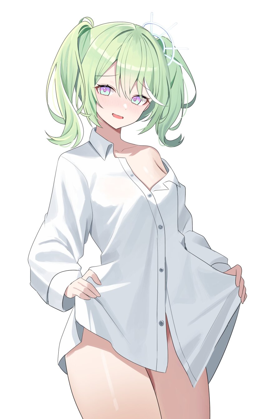 1girl absurdres alternate_costume collarbone collared_shirt green_hair hair_ornament highres looking_at_viewer multicolored_eyes naked_shirt nannung off_shoulder partially_unbuttoned shirt simple_background solo stellive thick_thighs thighs twintails two-tone_eyes white_background white_shirt yuzuha_riko