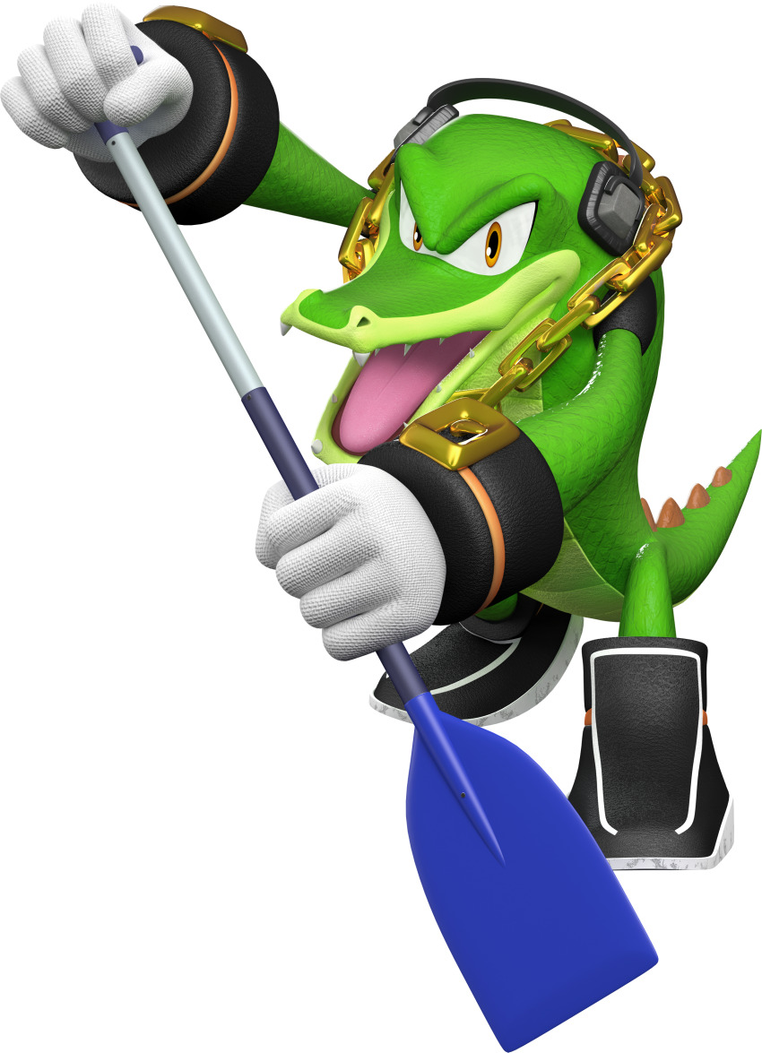 1boy 3d arms_up black_footwear boots chain chain_necklace colored_skin crocodilian crocodilian_tail full_body furry furry_male gold_chain green_skin headphones holding holding_oar looking_at_viewer male_focus mario_&amp;_sonic_(series) mario_&amp;_sonic_at_the_london_2012_olympic_games multicolored_skin necklace oar official_art open_mouth outstretched_arms reptile_boy sharp_teeth simple_background snout solo sonic_(series) tail teeth third-party_source tongue transparent_background two-handed two-tone_skin vector_the_crocodile yellow_eyes