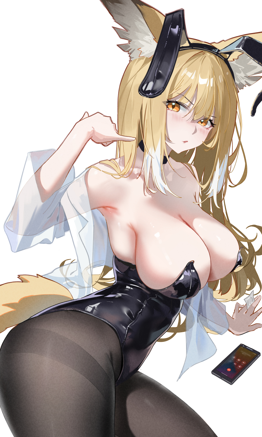 1girl absurdres alternate_costume animal_ear_fluff animal_ears arknights bare_shoulders black_leotard black_pantyhose blonde_hair breasts cellphone cleavage fake_animal_ears fox_ears fox_girl fox_tail from_side highres huade_xiami large_breasts leotard long_hair looking_at_viewer orange_eyes pantyhose phone playboy_bunny rabbit_ears shaka_sign shirt sideboob solo tail vulpisfoglia_(arknights) white_shirt