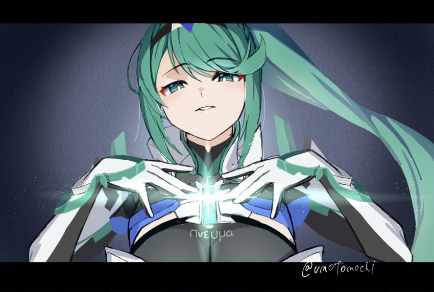 1girl armor breasts character_request chest_jewel core_crystal_(xenoblade) green_eyes green_hair high_ponytail highres large_breasts long_hair pneuma_(xenoblade) solo twitter_username umotomochi upper_body white_armor xenoblade_chronicles_(series) xenoblade_chronicles_2