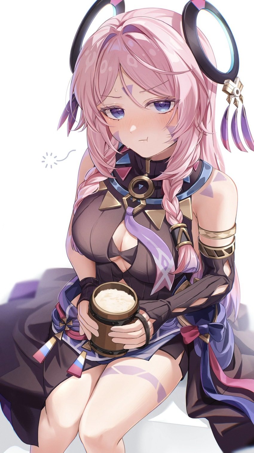 1girl absurdres aida_noa alcohol arm_markings armpit_crease beer blush braid breasts citlali_(genshin_impact) cleavage closed_mouth commentary_request cup drunk facial_mark floating_hair_ornament forehead_mark genshin_impact glove_cutout highres holding holding_cup invisible_chair long_hair looking_at_viewer medium_breasts pink_hair pink_pupils pout ring_hair_ornament side_braids sitting sleeveless_leotard solo tankard thigh_marking triangle triangle_facial_mark white_background