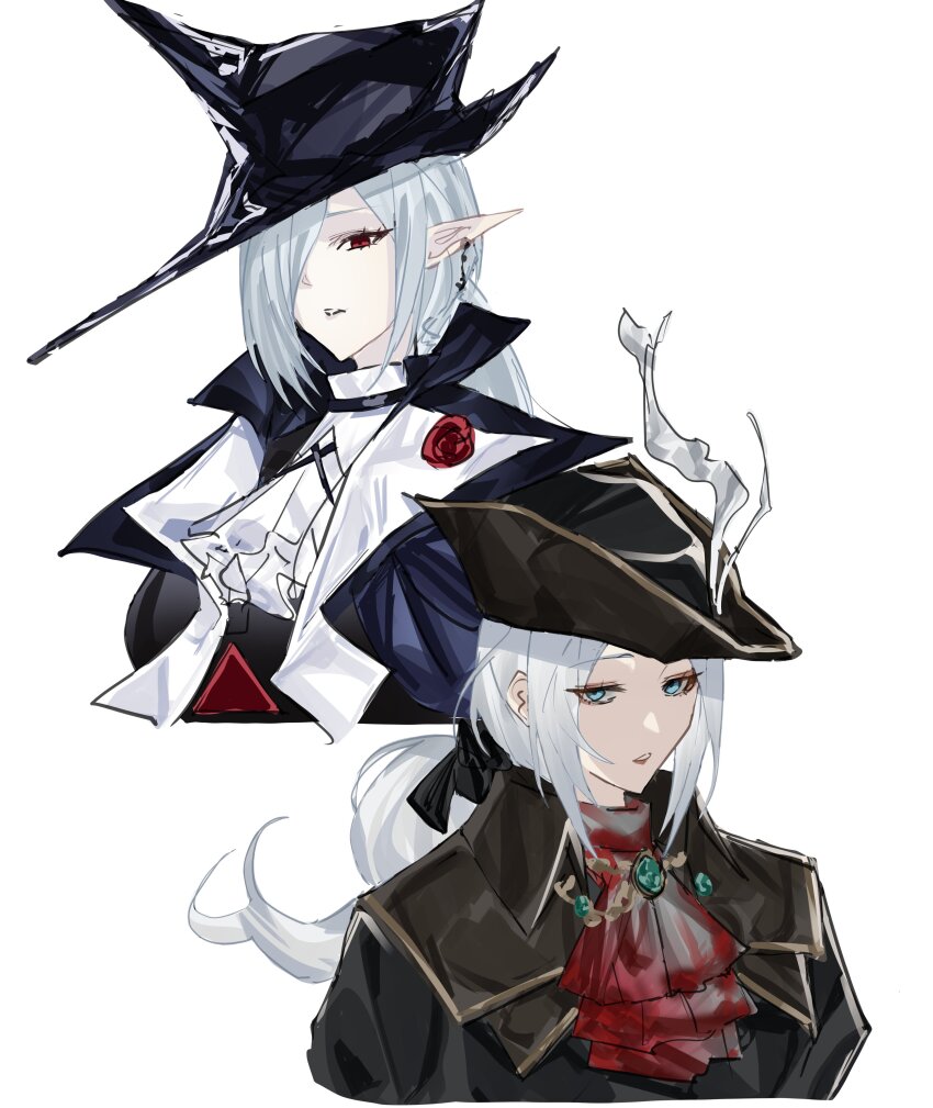 absurdres arknights black_coat bloodborne blue_eyes coat gladiia_(arknights) grey_hair hat highres lady_maria_of_the_astral_clocktower pale_skin pointy_ears pointy_hat red_eyes white_hair yazu_(zoddiacz)