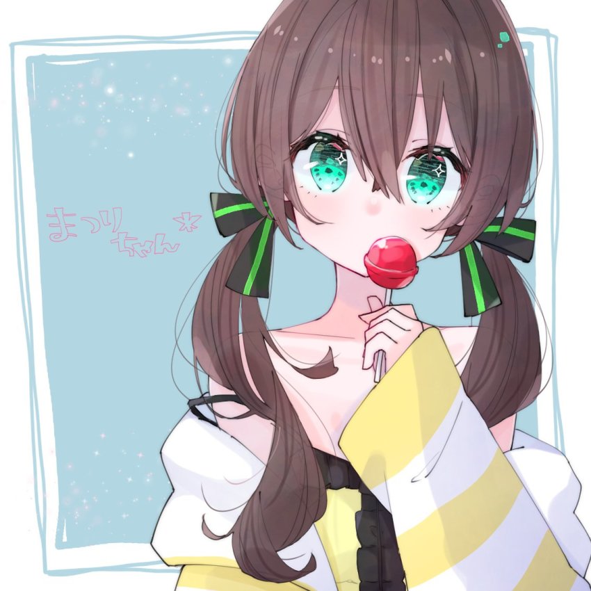 1girl alternate_hair_length alternate_hairstyle aoiro_0w0 bad_id bad_twitter_id blue_eyes brown_hair candy collarbone female_focus food hair_between_eyes hair_ribbon hololive lollipop looking_at_viewer low_twintails medium_hair natsuiro_matsuri natsuiro_matsuri_(matsuri&#039;s_day_off) portrait ribbon simple_background solo translation_request twintails virtual_youtuber