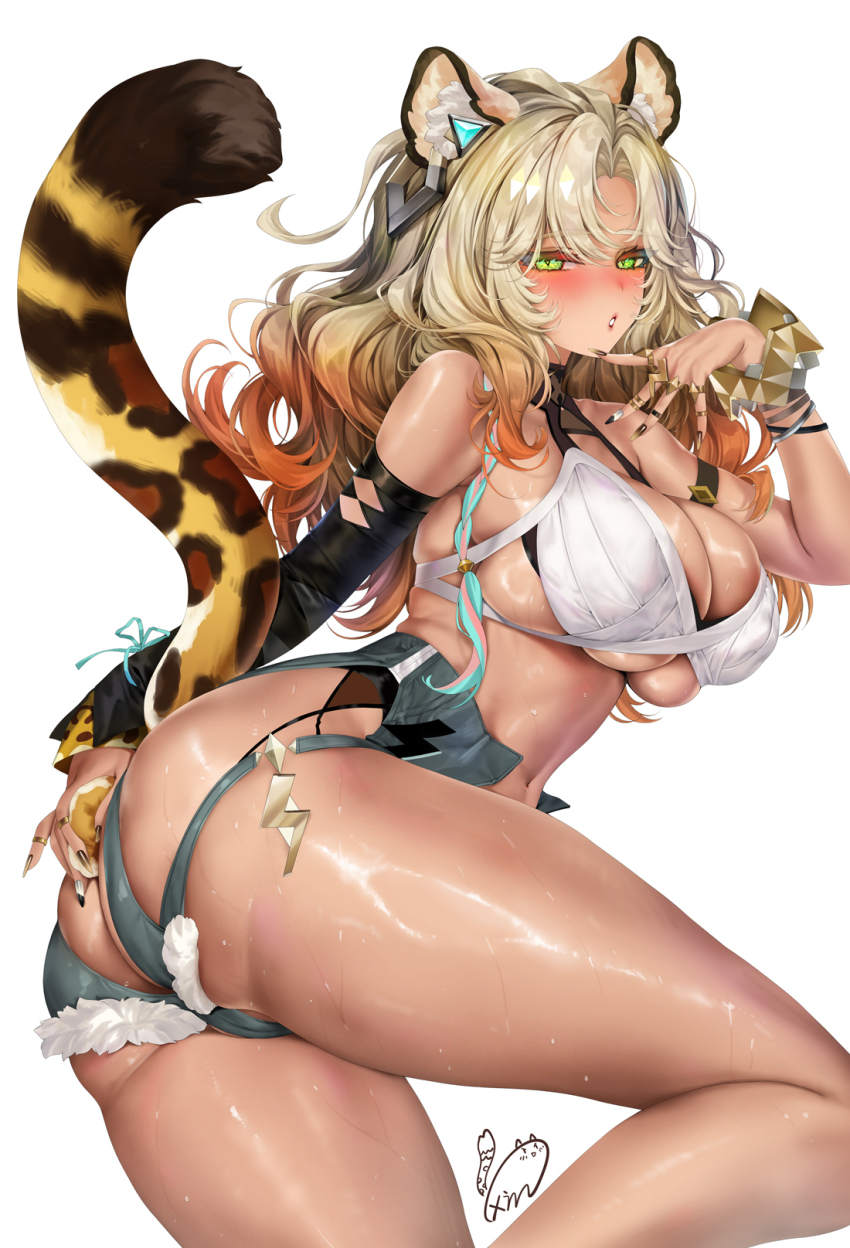 1girl animal_ears ass bare_shoulders blonde_hair blush bracelet breasts butt_crack clothing_cutout detached_sleeves genshin_impact green_eyes grey_shorts hand_up highres jewelry large_breasts leopard_ears leopard_tail long_hair looking_at_viewer looking_back nail_polish navel obiwan parted_lips shiny_skin short_shorts shorts simple_background single_sleeve solo sweat tail thick_thighs thighs underboob_cutout weisuoxin white_background xilonen_(genshin_impact)