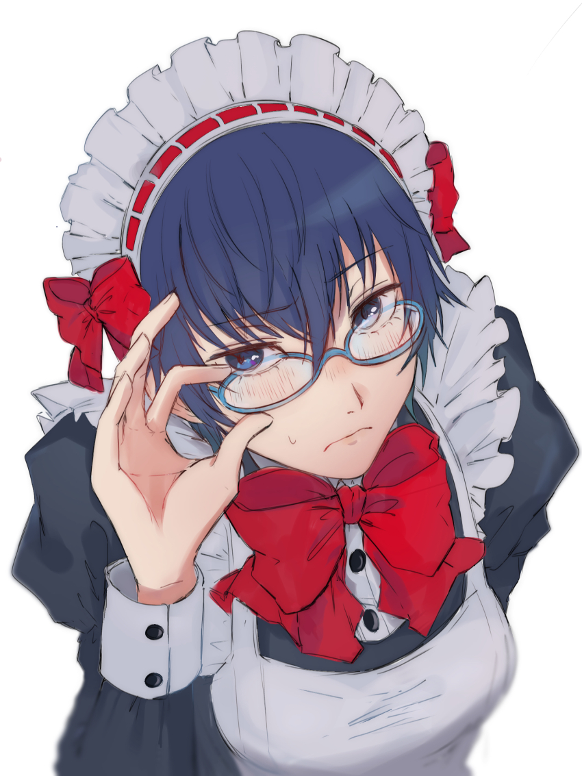 1girl adjusting_eyewear alternate_costume apron arm_behind_back black_dress blue-framed_eyewear blue_eyes blue_hair blush bow bowtie closed_mouth commentary_request dress enmaided glasses hair_between_eyes highres juliet_sleeves long_sleeves looking_at_viewer maid maid_apron persona persona_4 puffy_sleeves red_bow red_bowtie shirogane_naoto short_hair simple_background solo sweatdrop usa_(kawaii_152cm) white_apron white_background