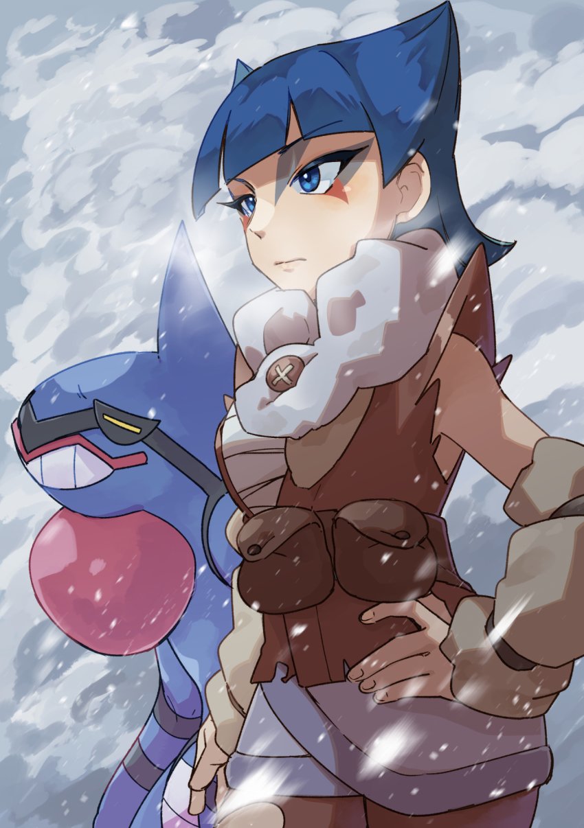 1girl arm_warmers blue_eyes blue_hair blunt_bangs brown_vest closed_mouth coin_(pokemon) commentary_request creatures_(company) day eyeshadow facial_mark game_freak gen_4_pokemon grey_skirt hand_on_own_hip highres kono2noko makeup nintendo outdoors pokemon pokemon_(creature) pokemon_legends:_arceus short_hair skirt snowing toxicroak vest