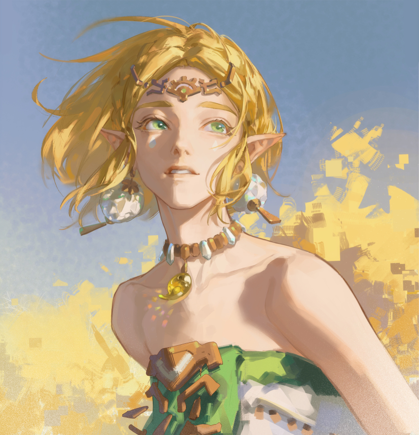 1girl animal_ears bare_shoulders blonde_hair circlet commentary dress green_eyes green_trim highres jewelry magatama magatama_necklace necklace nintendo parted_lips pointy_ears princess_zelda short_hair solo strapless strapless_dress symbol-only_commentary teardrop_facial_mark teeth the_legend_of_zelda the_legend_of_zelda:_tears_of_the_kingdom toaot upper_body white_dress