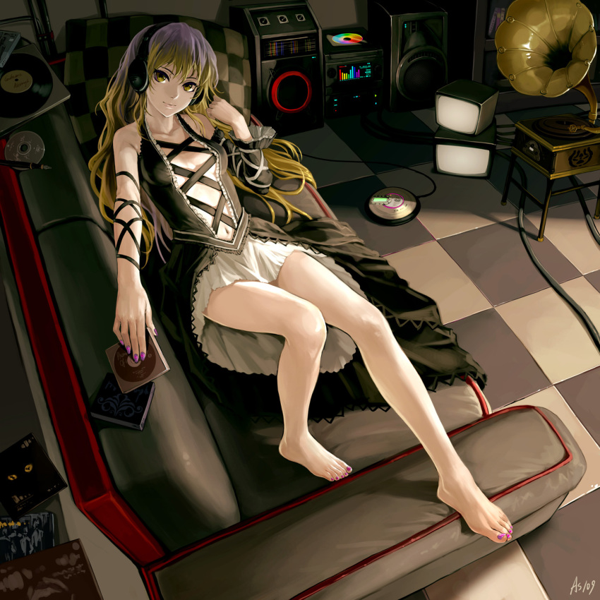 1girl adapted_costume album_cover alternate_costume arm_ribbon artist_name as109 asymmetrical_clothes bad_id bad_pixiv_id bare_legs barefoot breasts cd cd_player cd_walkman center_opening cleavage couch cover detached_sleeves feet female_focus gradient_hair headphones highres hijiri_byakuren legs lips long_hair long_legs looking_at_viewer lying multicolored_hair nail_art nail_polish navel nib_pen_(object) no_bra pen phonograph pillow purple_nails record ribbon signature solo toenail_polish toenails touhou yellow_eyes