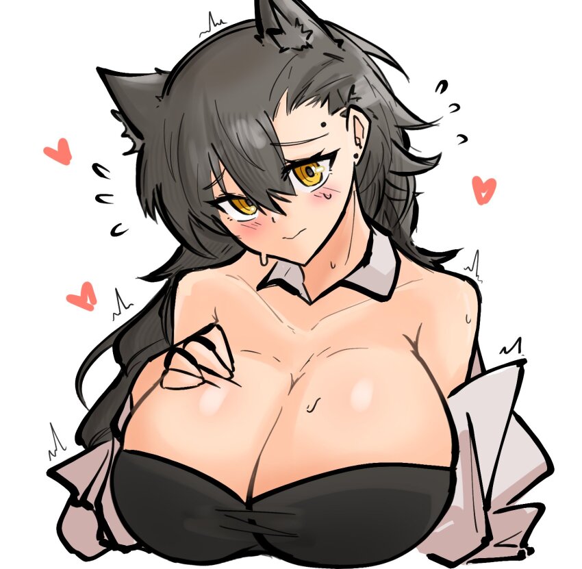 1girl alternate_breast_size animal_ears arknights black_shirt blush breasts brown_hair cleavage embarrassed extra_ears flying_sweatdrops hand_on_own_chest heart highres huge_breasts mole mole_above_eye off_shoulder penance_(arknights) shirt simple_background solo sweat upper_body white_background white_shirt wolf_ears wolf_girl yellow_eyes yosua_0669