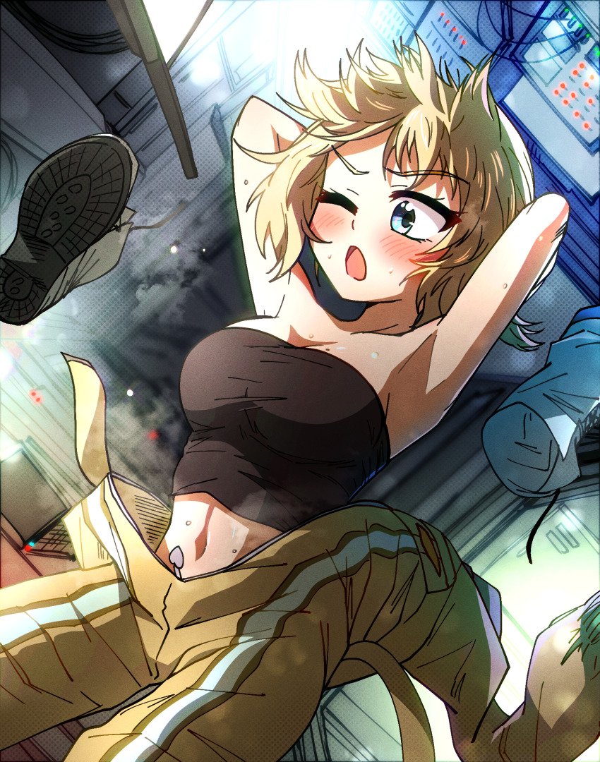 1girl armpits arms_behind_head arms_up blonde_hair blue_eyes blush boots breasts cleavage clothes_down commentary cowboy_shot ddolbang english_commentary floating floating_object highres hololive hololive_english large_breasts looking_afar looking_ahead midriff mole mole_on_breast navel official_alternate_costume one_eye_closed open_jumpsuit open_mouth shoes unworn_shoes short_hair solo spacecraft_interior spacesuit steaming_body stomach strapless sweat tube_top undressing unzipped v-shaped_eyebrows variant_set virtual_youtuber watson_amelia watson_amelia_(astronaut)