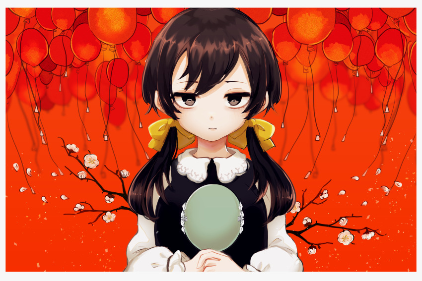 1girl absurdres apricot_(vocaloid) balloon black_dress black_eyes black_hair blurry blurry_background border bow branch closed_mouth collared_dress dress expressionless flower hair_bow hand_mirror highres holding holding_mirror jitome light_blush light_particles long_sleeves looking_at_viewer low_twintails medium_hair mirror multiple_hair_bows orange_background own_hands_together pale_skin riko_(iyowa) solo swept_bangs tsubata_kaki twintails upper_body vocaloid white_border white_flower white_sleeves yellow_bow