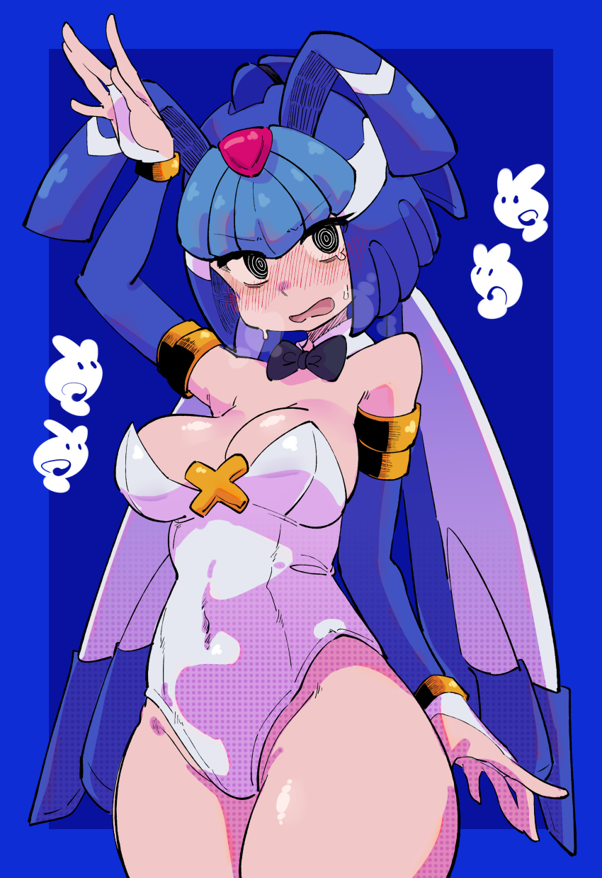 1girl @_@ absurdres blue_hair blush breasts buzzlyears cleavage commentary covered_navel embarrassed english_commentary fairy_leviathan_(mega_man) frown gem_on_head green_eyes highres large_breasts leotard long_hair mega_man_(series) mega_man_zero_(series) open_mouth rabbit solo standing white_leotard