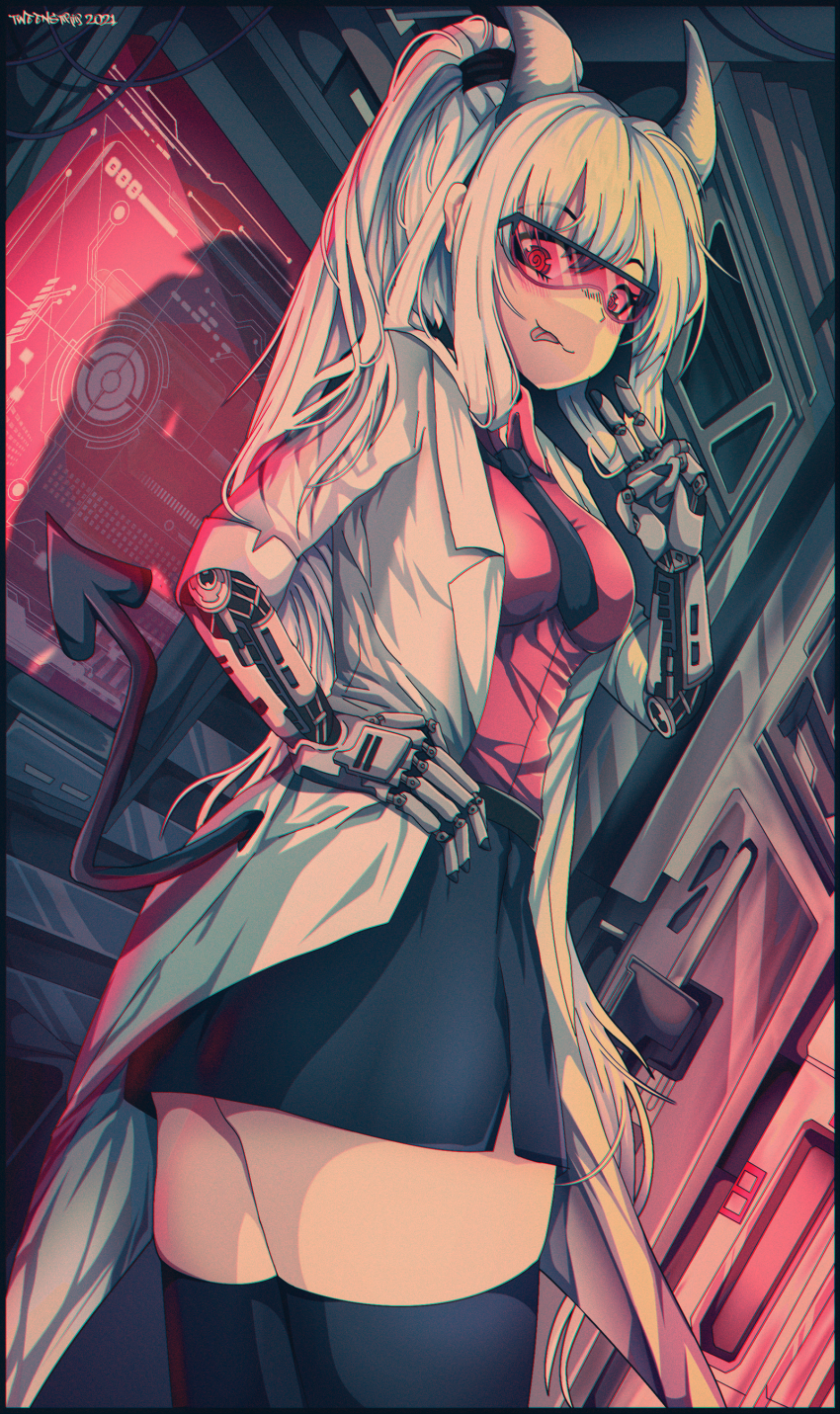 1girl azazel_(helltaker) black_necktie black_skirt black_tail black_thighhighs breasts clothes_lift coat cybernetic_limb cybernetics cyborg eyebrows gesture glasses hand_on_own_hip helltaker horns jacket long_hair looking_at_viewer machine mechanical_arms necktie prosthesis prosthetic prosthetic_arm red_eyes red_goggles red_shirt robe shirt skirt skirt_lift smile solo spade_tail standing tail thighhighs tongue tongue_out translucent translucent_hair tweenstrip white_coat white_hair white_jacket