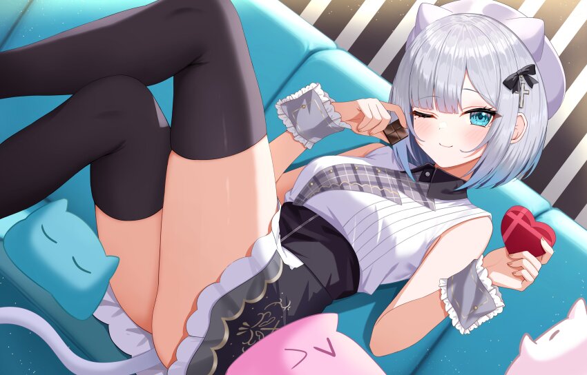 1girl absurdres animal_ears beret black_thighhighs blue_eyes box cat_ears cat_tail chocolate closed_mouth couch crossed_legs fake_animal_ears fake_tail food hat heart-shaped_box highres holding holding_chocolate holding_food indoors kaga_sumire looking_at_viewer mole mole_under_eye on_couch one_eye_closed short_hair sitting smile solo sunamama4788 tail thighhighs virtual_youtuber vspo! white_hat