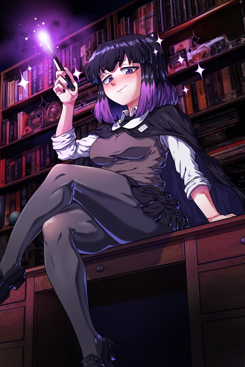 1girl absurdres black_cape black_footwear black_giraffe black_hair black_pantyhose black_skirt bob_cut breasts cape crossed_legs desk from_below highres hilda_(series) id_card indoors kaisa_(hilda) legs library light_smile medium_breasts multicolored_hair on_desk pantyhose pleated_skirt purple_eyes purple_hair shirt shoes short_hair sitting skirt solo sparkle thick_thighs thighs two-tone_hair vest wand white_shirt